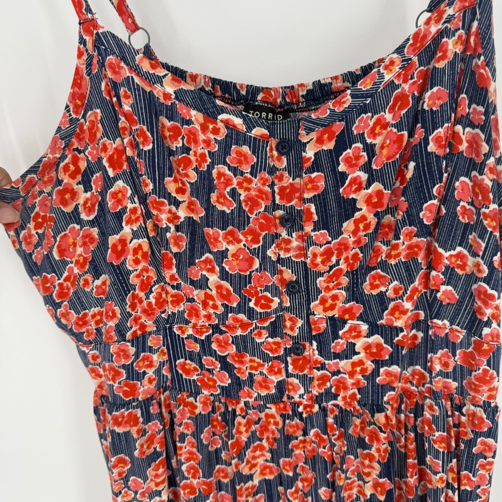 Torrid Womens 3 Floral High Low Midi Dress Navy Blue Orange Button Front Smocked - Picture 2 of 6